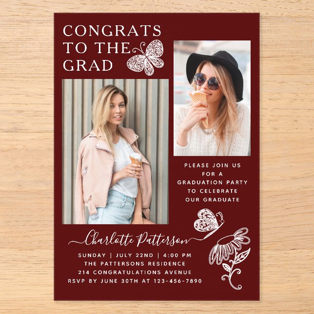Modern Burgundy Butterfly Photo Graduation Party Acrylic Invitations (Front)
