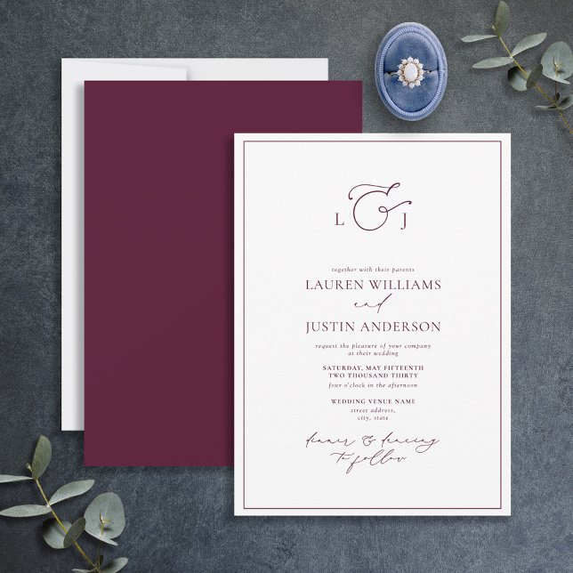 Modern Burgundy Calligraphy Monogram Wedding Invitation (Creator Uploaded)