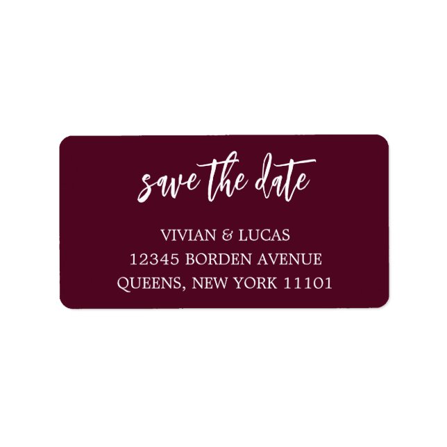 Modern Burgundy Chic Script Save The Date Label (Front)