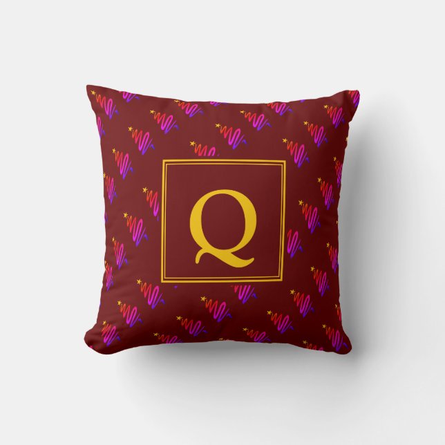 Modern BURGUNDY Christmas Tree MONOGRAM Throw Pillow (Front)