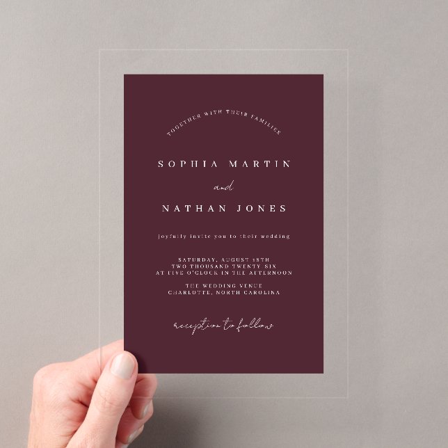 Modern Burgundy Clear Minimalist Wedding Acrylic Invitations (Insitu (Handheld))