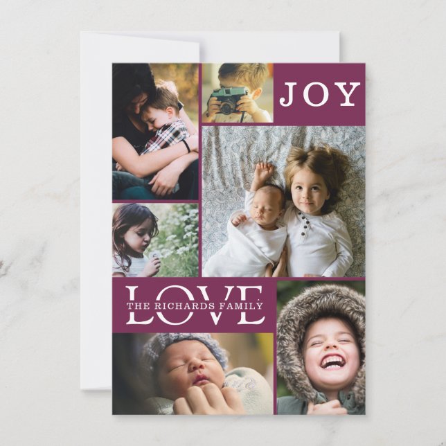 Modern Burgundy Colour Block Family 6 Photo Collag Holiday Card (Front)