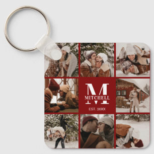 Modern Burgundy Couple Photo Collage Monogram Gift Keychain