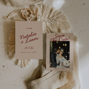 Modern Burgundy Cream Whimsical Photo Wedding Save The Date
