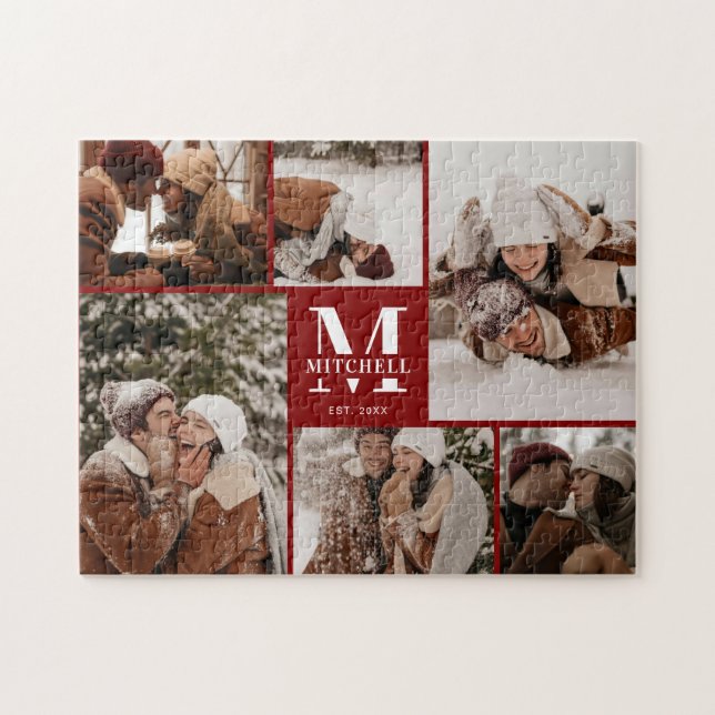 Modern Burgundy Family 6 Photo Collage Keepsake Jigsaw Puzzle (Horizontal)