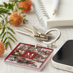 Modern Burgundy Family Photo Collage Monogram Gift Keychain
