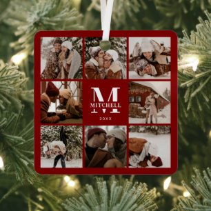 Modern Burgundy Family Photo Collage Monogram Gift Metal Ornament