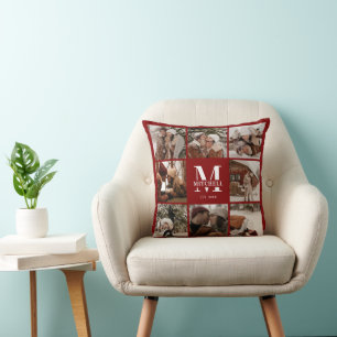 Modern Burgundy Family Photo Collage Monogram Gift Throw Pillow