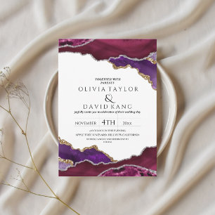 Modern Burgundy faux gold Purple mix Agate Wedding Invitation