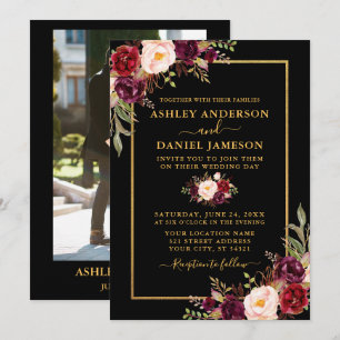 Modern Burgundy Floral Black Gold Photo Wedding Invitation