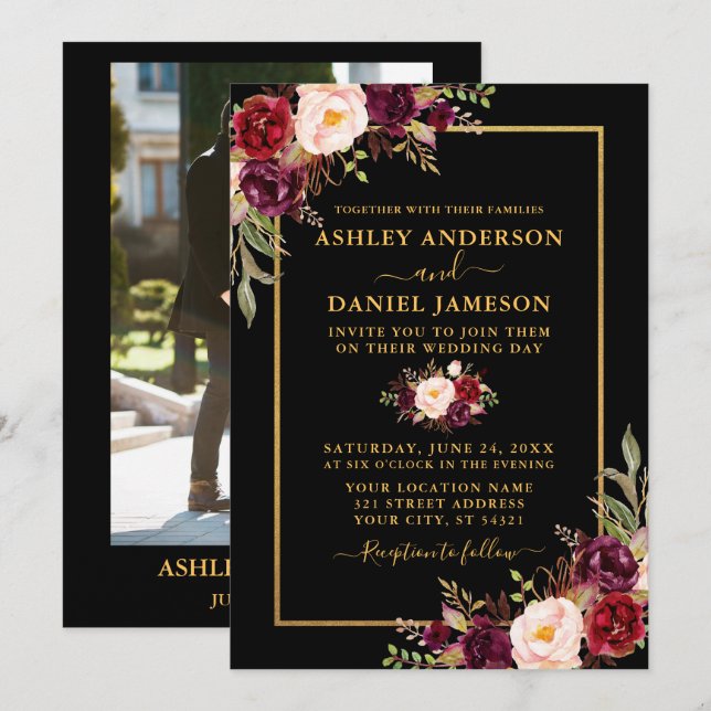 Modern Burgundy Floral Black Gold Photo Wedding Invitation (Front/Back)