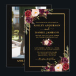 Modern Burgundy Floral Black Gold Photo Wedding Invitation<br><div class="desc">Modern Elegant Watercolor Burgundy Floral,  Black and Gold Wedding Invitation includes burgundy roses,  pink roses and botanical greenery. Photo Back.</div>