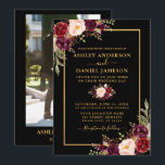Modern Burgundy Floral Black Gold Photo Wedding Invitation<br><div class="desc">Modern Elegant Watercolor Burgundy Floral,  Black and Gold Wedding Invitation includes burgundy roses,  pink roses and botanical greenery. Photo Back.</div>