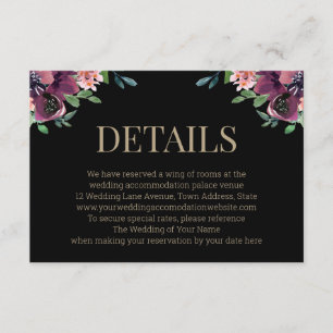 Modern Burgundy Floral Black Gold Wedding Details Enclosure Card
