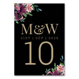 Modern Burgundy Floral Black Gold Wedding Table Number