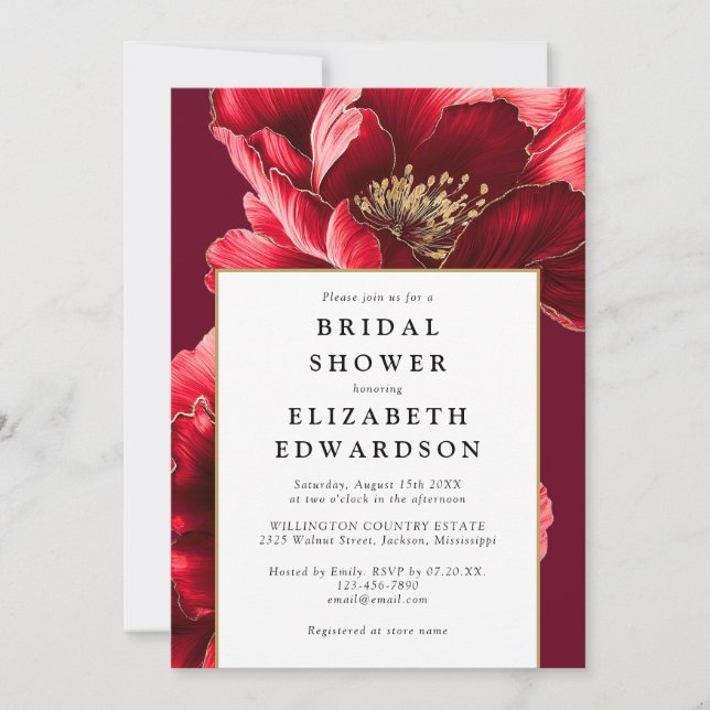 Modern Burgundy Floral Chic Bridal Shower Invitation (Front)
