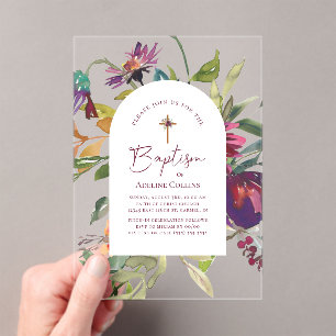 Modern Burgundy Floral Elegant Script Baptism Acrylic Invitations