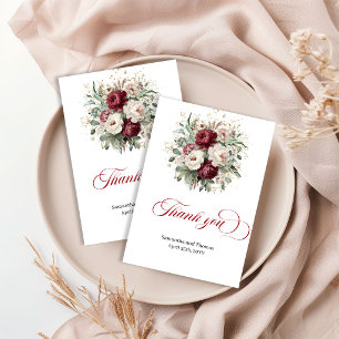 Modern Burgundy Floral Eucalyptus Gold Thank You   Card