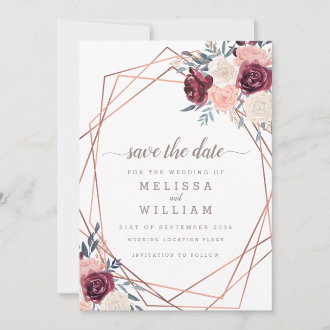 Modern Burgundy Floral Geometric Ivory Wedding Save The Date (Front)