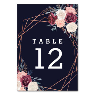 Modern Burgundy Floral Geometric Navy Wedding Table Number