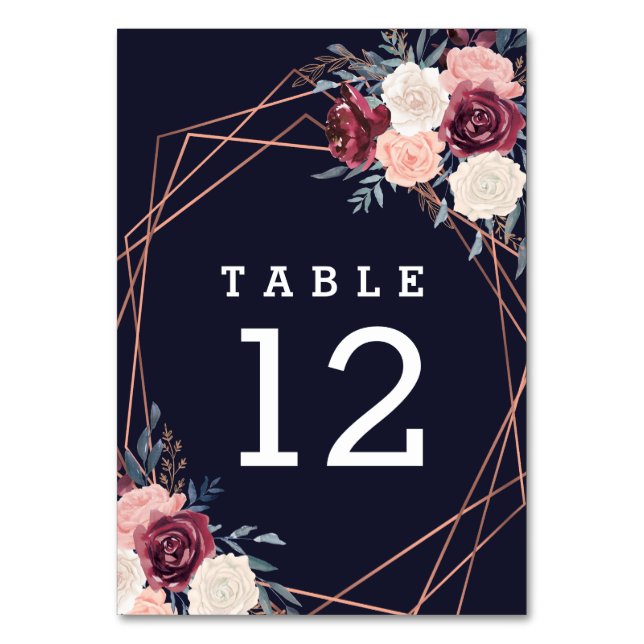 Modern Burgundy Floral Geometric Navy Wedding Table Number (Front)