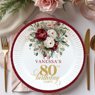 Modern Burgundy Floral Gold 80th Birthday Paper Plate