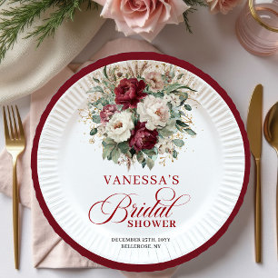 Modern Burgundy Floral Gold Bridal Shower Paper Plate