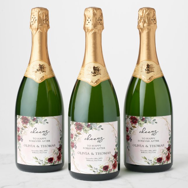Modern burgundy floral gold geometric boho  sparkling wine label (Bottles)