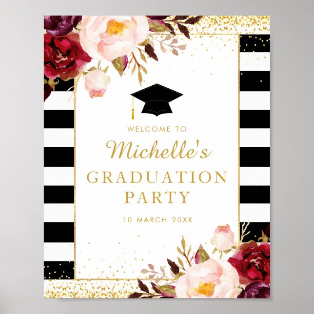 Modern Burgundy floral graduation welcome sign (Front)