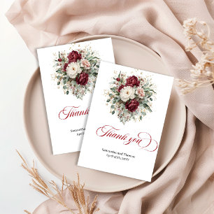 Modern Burgundy Floral Greenery Gold Thank You Card