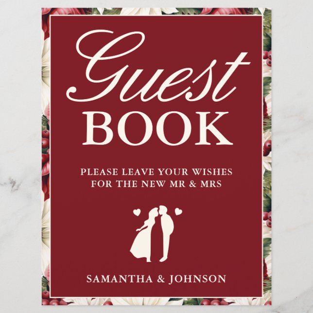 Modern Burgundy Floral Guest Book Wedding Sign (Front)