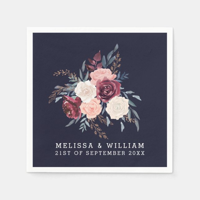Modern Burgundy Floral Midnight Navy Wedding Napkin (Front)
