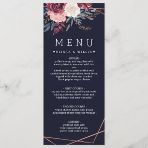 Modern Burgundy Floral Navy Wedding Menu