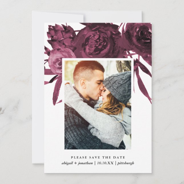 Modern Burgundy Floral Photo Save the Date (Front)
