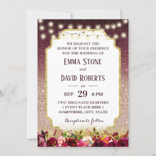 Modern Burgundy Floral Rose Gold Ombre Wedding Invitation