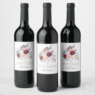 Modern Burgundy Floral Thank you Ivory Wedding Wine Label