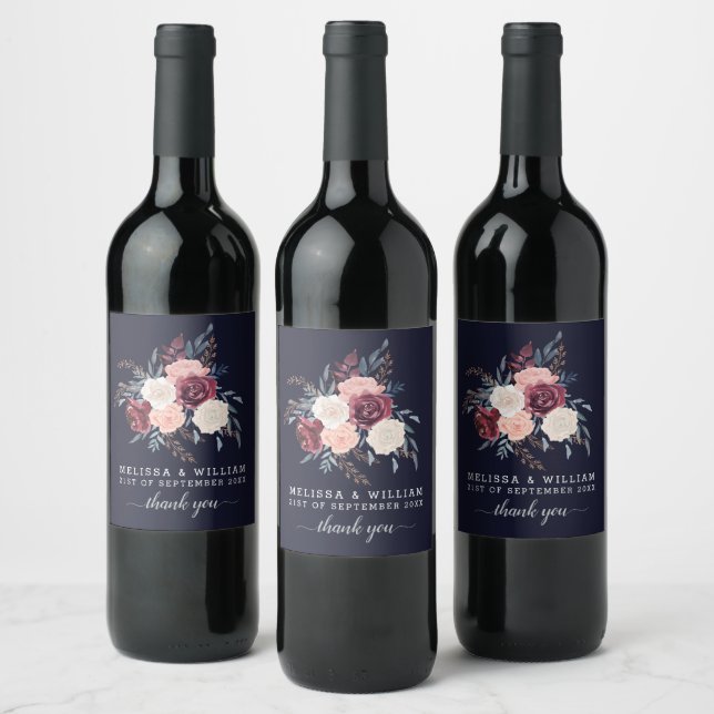 Modern Burgundy Floral Thank you Navy Wedding Wine Label (Bottles)