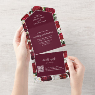 Modern Burgundy Floral Watercolor Elegant Wedding  All In One Invitation