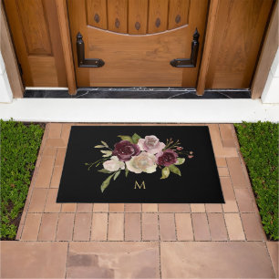 Modern Burgundy Floral Watercolor Monogram Black Doormat