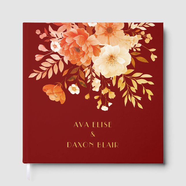 Modern  Burgundy Floral Wedding Gold Guest Book (Front)