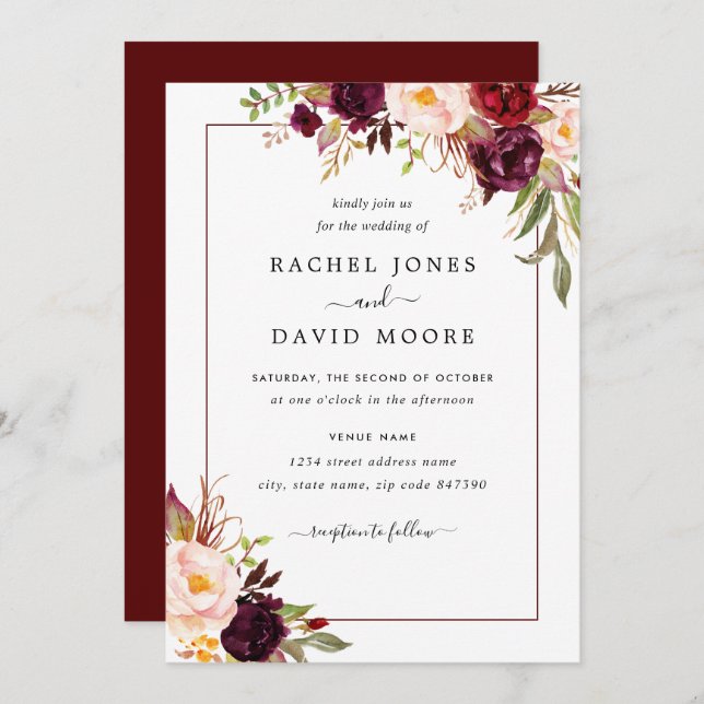Modern Burgundy Floral Wedding Invitation (Front/Back)
