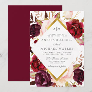 Modern burgundy floral wedding invitation