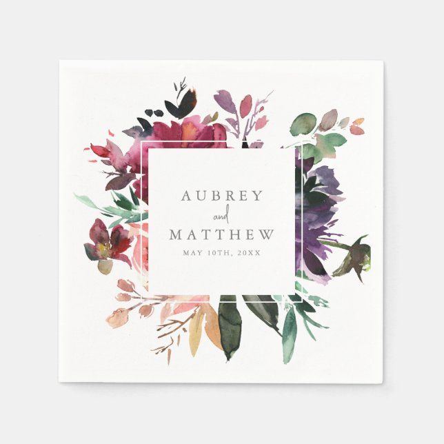 Modern Burgundy Floral Wedding Paper Napkin (Front)