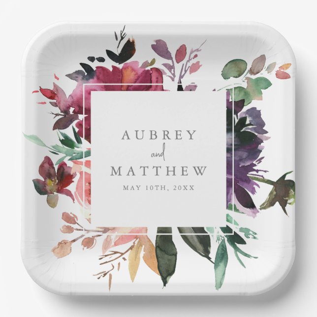 Modern Burgundy Floral Wedding Paper Plate (Front)