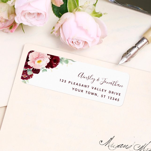 Modern Burgundy Floral Wedding Return Address (Creator Uploaded)