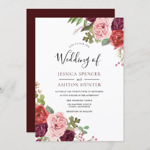 Modern Burgundy Flowers Elegant Wedding Invite