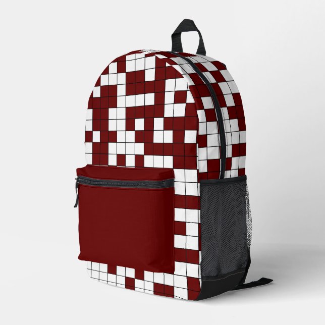 Modern Burgundy Geometric Grid Pattern Printed Backpack (Back Corner Right)