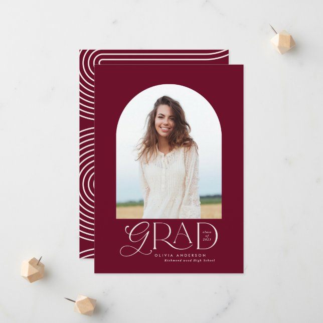 Modern burgundy geometric photo arch graduation announcement (Front/Back In Situ)
