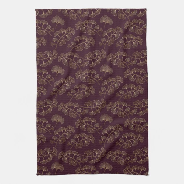 Modern Burgundy Ginkgo Pattern Kitchen Towel (Vertical)