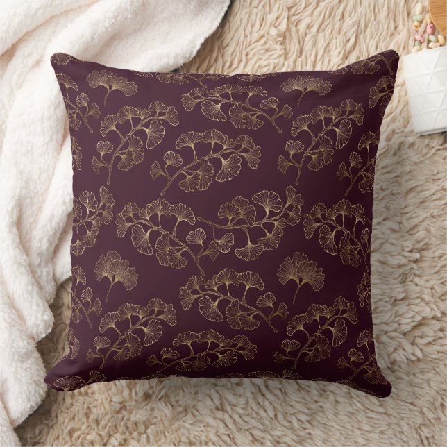 Modern Burgundy Ginkgo Pattern Throw Pillow (Blanket)